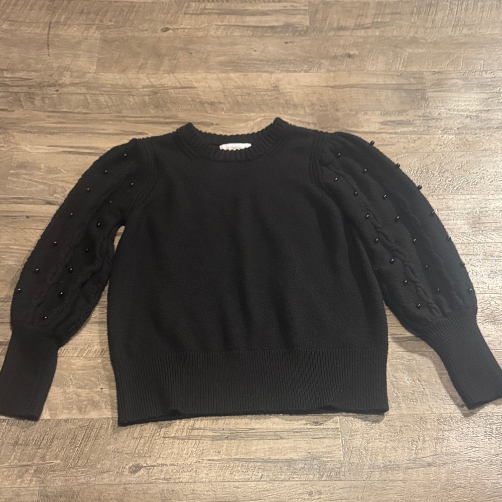 Liz Claiborne Elegant Black Sweater with Beaded Cable Sleeves - Size S